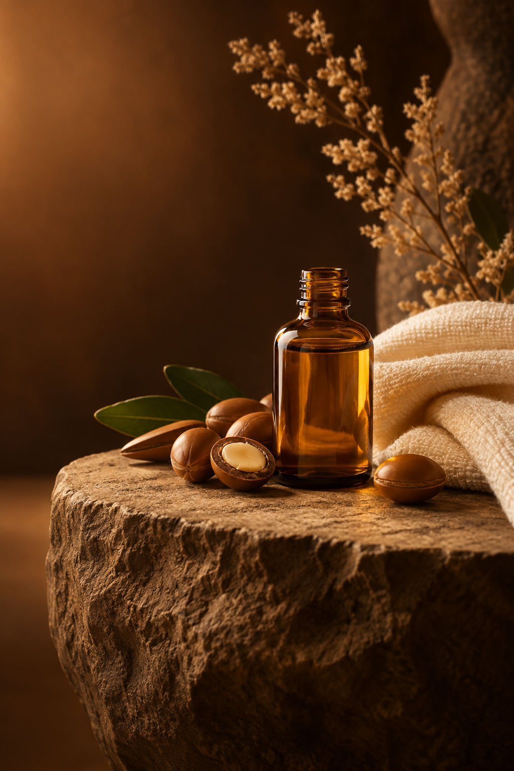Amber bottle of argan oil with warm spa towels and argan nuts